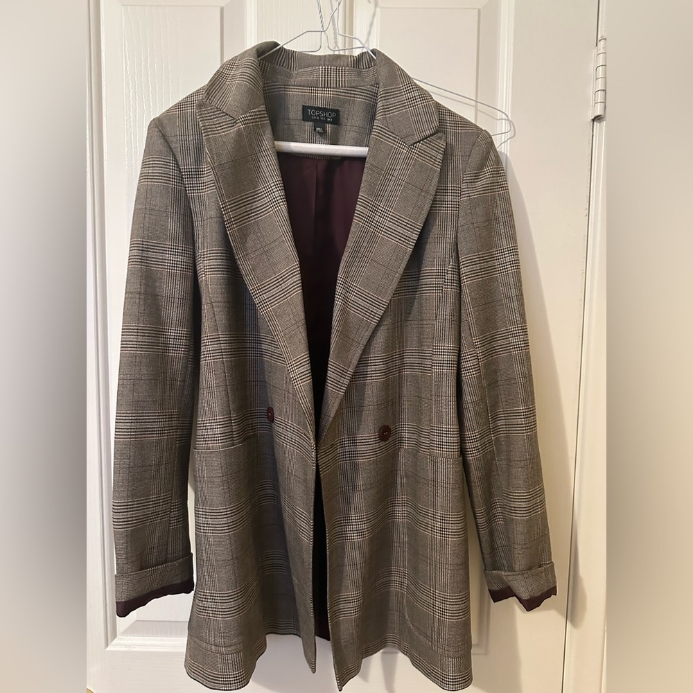 Topshop Plaid Double Breasted Blazer in Beige/Greg- size 4